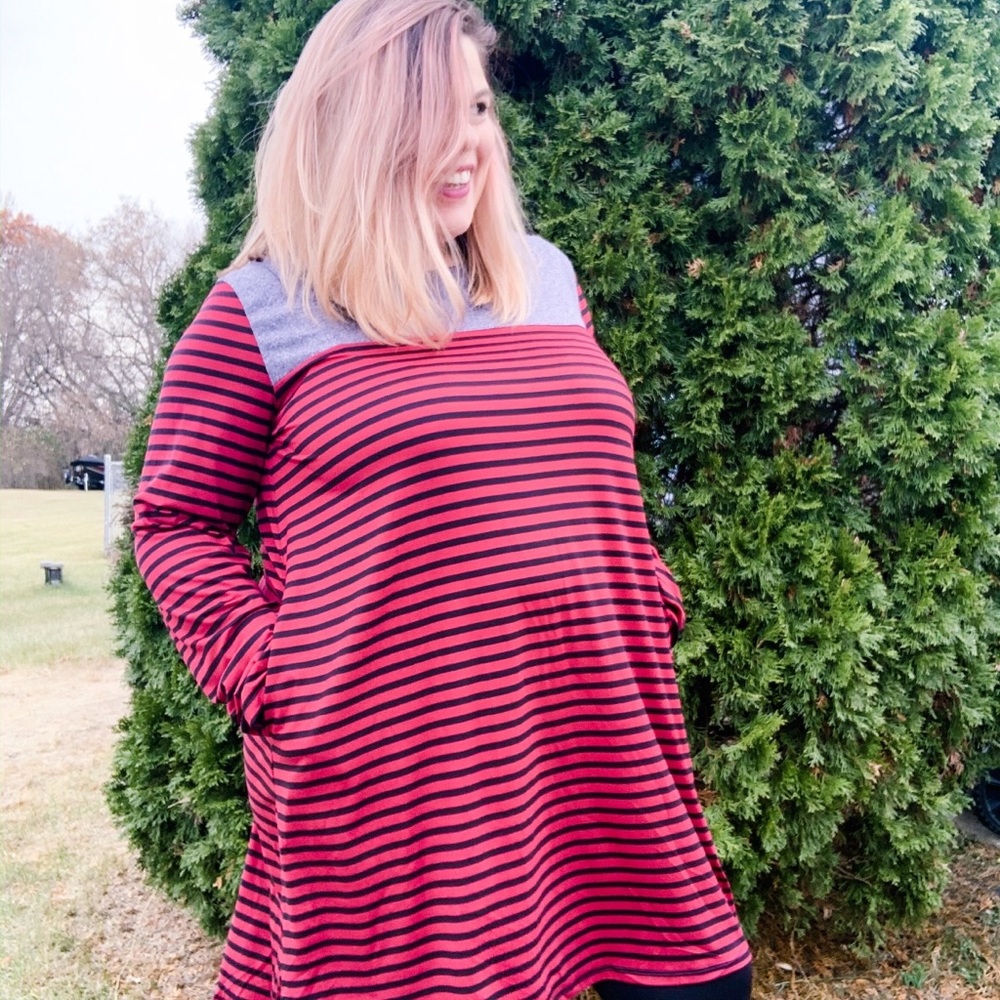 NWT Red Black Striped Dress w/ gray Accent - Picture 3 of 7